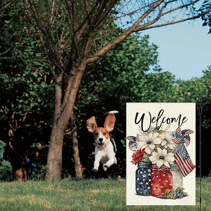 1Pcs 4th of July Garden Flag, Summer Small Yard Flags for Outside, Independence Day Garden Flags 12x18 Vertical Double Sided, Patriotic Mason Jar Flowers Garden Flags for 4th of July Outside Decoration