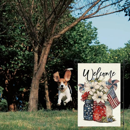 1Pcs 4th of July Garden Flag, Summer Small Yard Flags for Outside, Independence Day Garden Flags 12x18 Vertical Double Sided, Patriotic Mason Jar Flowers Garden Flags for 4th of July Outside Decoration