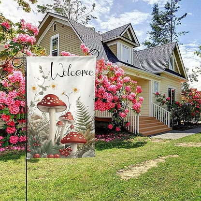 Mushrooms and Fern Garden Flags 12×18 Inch Welcome Double Sided Decorative Yard Banner Seasonal Flag for Outdoor Outside Decor