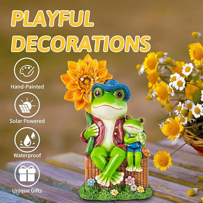 Outdoor Frog Garden Decor: 9'' Yard Decoration with Sunflower Light Funny Solar Frog Gifts for Women Mother's Day Housewarming Gift