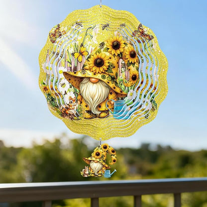 Gnomes Hanging Wind Spinner Outdoor - Gnome Gifts for Women, Stainless Steel Wind Sculpture Sunflower Art Ornaments with Card for Garden Balcony Patio Yard Lawn Decorations