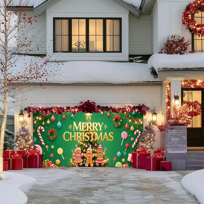 IVN Green Candy Christmas Garage Door Banner 6x13 ft Holiday Backdrop with Gingerbread Ornaments Garage Door Covers Decorative Garage Door Cover Mural for Outdoor Wall Decor