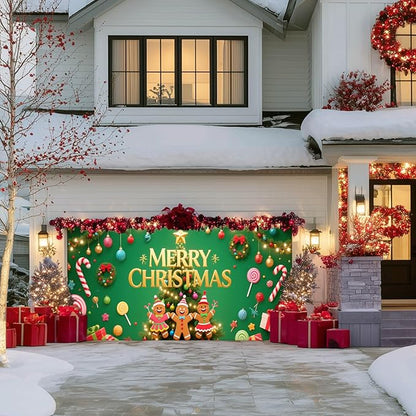 IVN Green Candy Christmas Garage Door Banner 6x13 ft Holiday Backdrop with Gingerbread Ornaments Garage Door Covers Decorative Garage Door Cover Mural for Outdoor Wall Decor