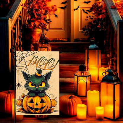 Halloween Garden Flags Black Cat Boo Yard Flag Scary Pumpkin Vertical Garden Flags Spiders Web Holiday Yard Banner 12x18 Inch Double Sided for Outside Decoration