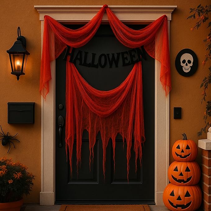RunNico 400'' x 85'' Halloween Blood Red Scary Gauze, Bloody Haunted House Creepy Cloth, Spooky Fabric Hanging Decoration for Horror Themed Nightmare Party Wall Yard Doorway Porch Decor