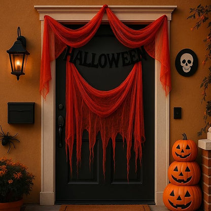 RunNico 400'' x 85'' Halloween Blood Red Scary Gauze, Bloody Haunted House Creepy Cloth, Spooky Fabric Hanging Decoration for Horror Themed Nightmare Party Wall Yard Doorway Porch Decor