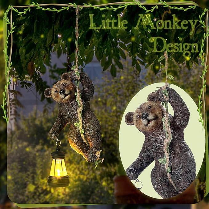 Rossesay 7 Inches Bear Statue Tree Hugger with Solar Light Resin Bear Statue Sign with LED Lantern Waterproof Hanging Figurine with Hook for Christmas Tree Decoration Outdoor Yard Garden (Brown)