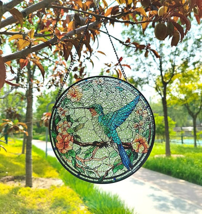 Stained Glass Window Hanging, 7.87" Luyseyha Sun Catcher for Window, Hummingbird Suncatcher Ornaments, Handmade Glass Art Wall Decor, Birthday Gift for Women Grandma Mom