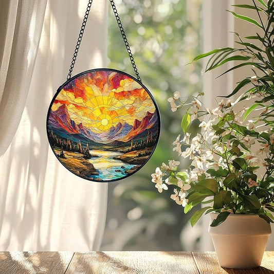 Mountain Sunset Landscape Suncatcher Stained Glass Window Hanging, Nature Landscape Sun Catchers Indoor Window Glass Wall Art Decor, Mountain Wall Hanging Decor Decorations, 7.9x7.9 Inch
