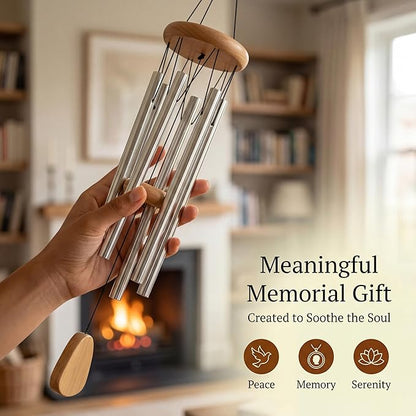Memorial Wind Chimes for Loss of Loved One - 25 Inch Tone Silver Wind Chimes with 6 Tuned Tubes - Sympathy Gifts for Loss of Mother, Father, Loved One - Rust-Proof Garden Decor
