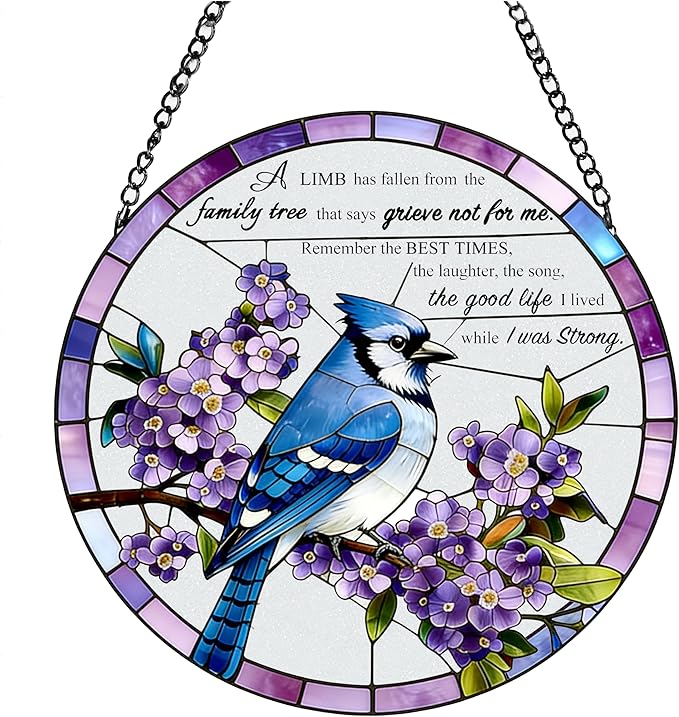 Stained Glass Window Hanging 7.8 in Memorial Ornaments with Poem Sympathy Gifts for Loss of Loved One Sun Catchers Indoor Window Bird Ornaments Suncatcher Decor