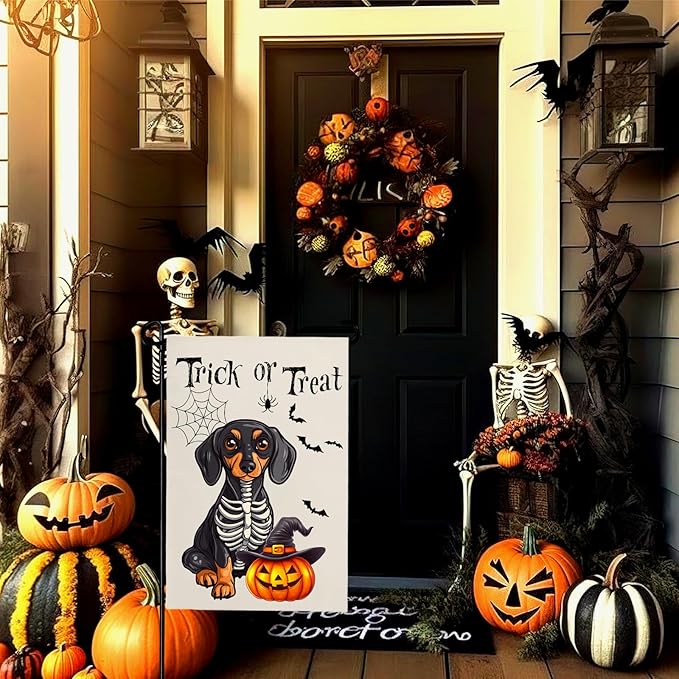 Halloween Garden Flags Trick or Treat Ghost Dog Yard Flag for Outside Decor Pumpkin Bat Spider Web Garden Flag Holiday Rottweiler Skeleton House Banner Outdoor Decoration for Home 12 x 18 Inch
