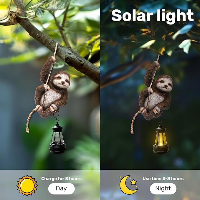 Solar Sloth Hanging Statue with Lantern – Indoor Outdoor Climbing Sloth Decor for Garden Yard Porch Balcony, Cute Animal Yard Art, Housewarming for Mom Grandma Women