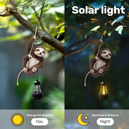Solar Sloth Hanging Statue with Lantern – Indoor Outdoor Climbing Sloth Decor for Garden Yard Porch Balcony, Cute Animal Yard Art, Housewarming for Mom Grandma Women
