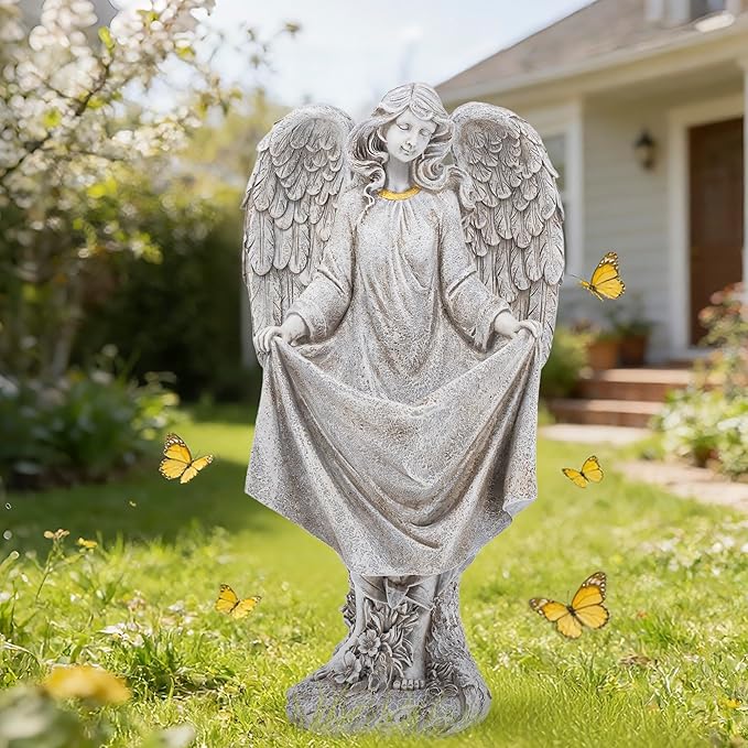 basen Angel Garden Statue Outdoor, Memorial Angel Figurine for Grave Yard Lawn, Resin Praying Angel Sculpture for Cemetery Decoration, Sympathy Gift, Spiritual Garden Decor
