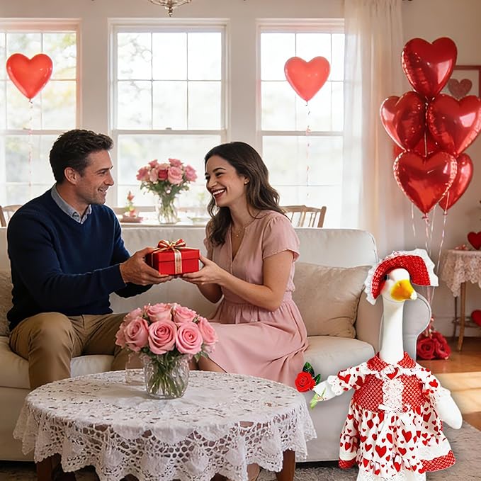 Romantic Porch Goose Dress - Heart-Patterned White Gown with Rose for 23-28" Geese, Ideal for Wedding Proposals, Bridal Events & Couple's Celebrations