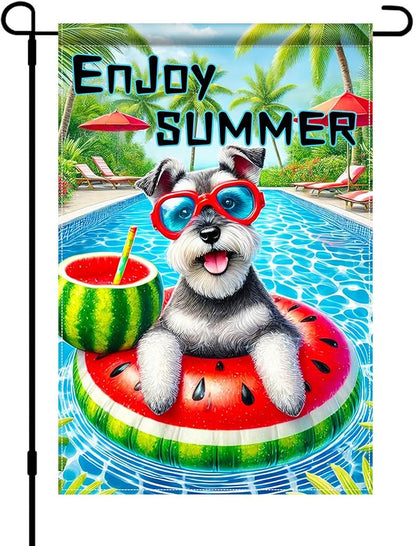 HOMETITUTE Hello Summer Garden Flag Schnauzer Dog 12X18 Inch Print Double Sided Cute Puppy Decorative Yard Flag Banner Poolside Patio Decor Banner Outside Seasonal Holiday Outdoor Decoration