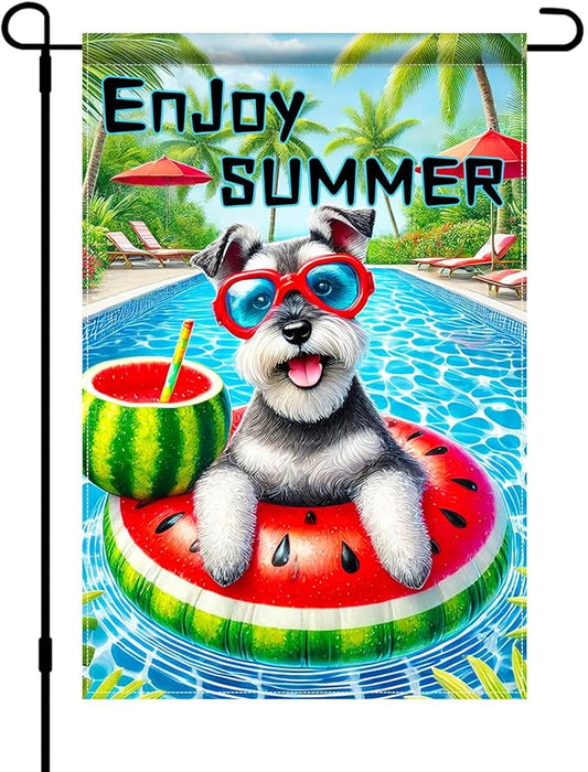 HOMETITUTE Hello Summer Garden Flag Schnauzer Dog 12X18 Inch Print Double Sided Cute Puppy Decorative Yard Flag Banner Poolside Patio Decor Banner Outside Seasonal Holiday Outdoor Decoration