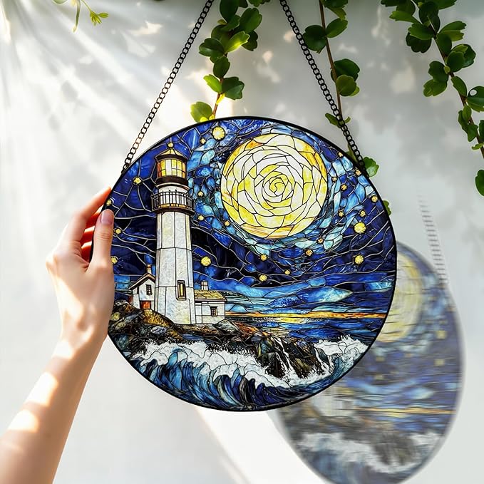 Stained Glass Window Hanging, 8 Inch Ocean Lighthouse Suncatcher, Sun Catchers Indoor Window, Suncatchers for Windows Hanging, Spring Home Garden Decor Panel Mothers Day Birthday Gift for Mom Grandma