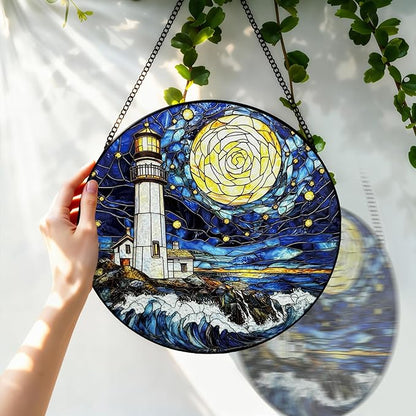 Stained Glass Window Hanging, 8 Inch Ocean Lighthouse Suncatcher, Sun Catchers Indoor Window, Suncatchers for Windows Hanging, Spring Home Garden Decor Panel Mothers Day Birthday Gift for Mom Grandma