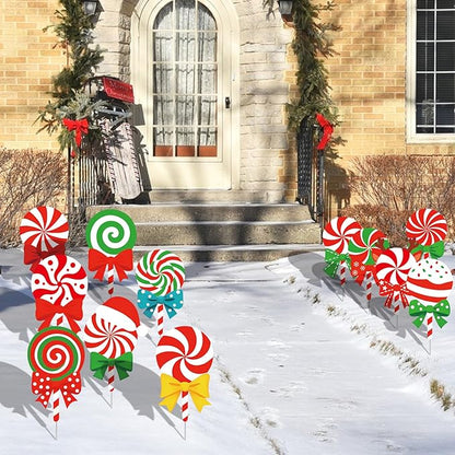 12-Piece Christmas Lollipop Yard Signs with Stakes Decorations – Assorted Candy Cane Peppermint Designs 14 Inches Large Outdoor Holiday Candy Signs for Garden, Lawn, Driveway, and Christmas Party Favor