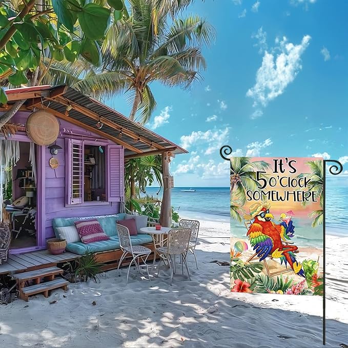 Summer Garden Flags for Outside, It's 5 O'clock Somewhere Beach Parrot Small Seasonal Decoration for Farmhouse Holiday Yard Outdoor Decor 12x18 Inch Double Sided
