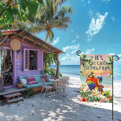 Summer Garden Flags for Outside, It's 5 O'clock Somewhere Beach Parrot Small Seasonal Decoration for Farmhouse Holiday Yard Outdoor Decor 12x18 Inch Double Sided