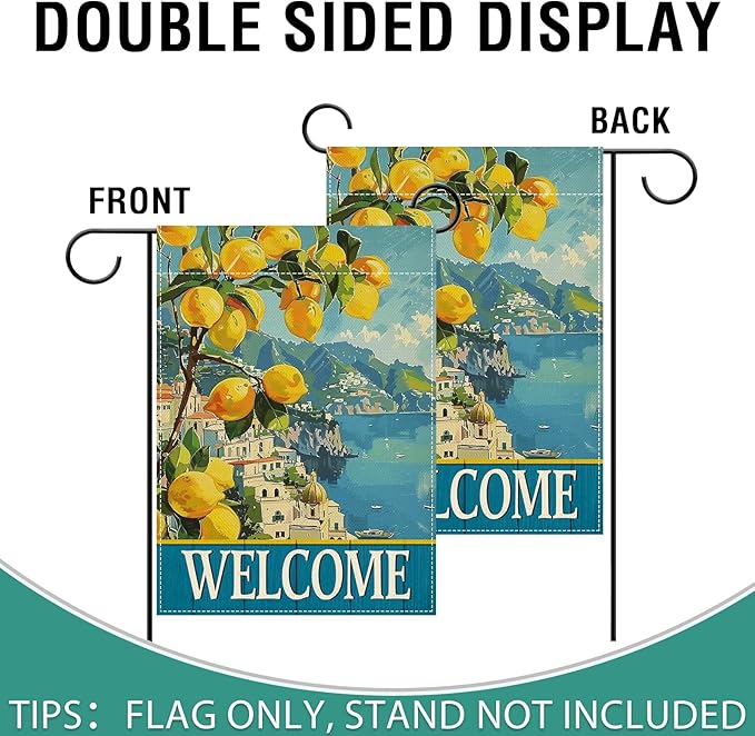Artofy Welcome Italy Lemon Tree Beach Small Decorative Garden Flag, Amalfi Coast Coastal Town Citrus Yard Lawn Outside Decor, Summer Mediterranean Burlap Outdoor Home Decoration Double Sided 12 x 18