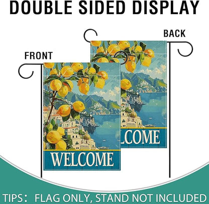 Artofy Welcome Italy Lemon Tree Beach Small Decorative Garden Flag, Amalfi Coast Coastal Town Citrus Yard Lawn Outside Decor, Summer Mediterranean Burlap Outdoor Home Decoration Double Sided 12 x 18