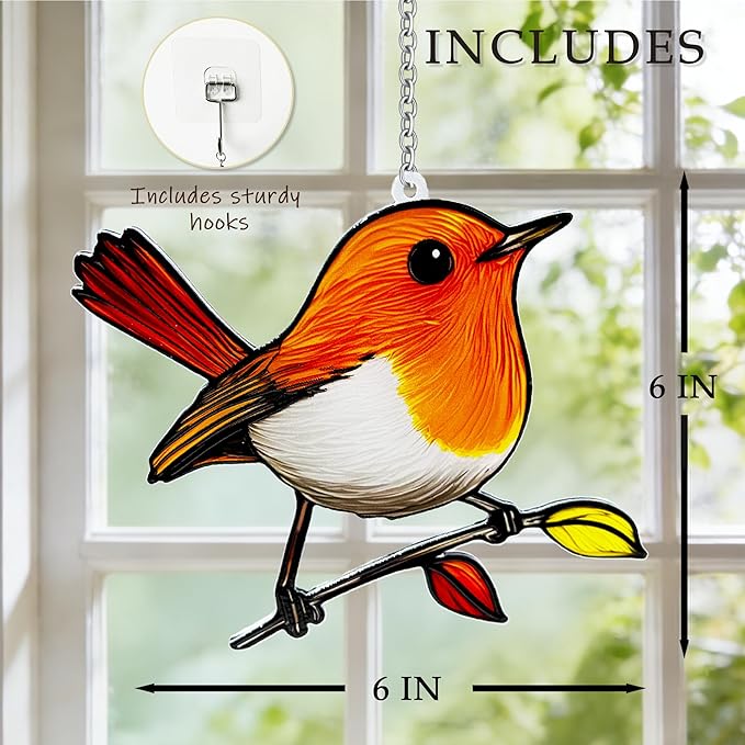 Birds on a Branch Stained Glass, Robin Bird Suncatchers Windows, Bird Suncatcher for Patio/Mom/Window (Orange)