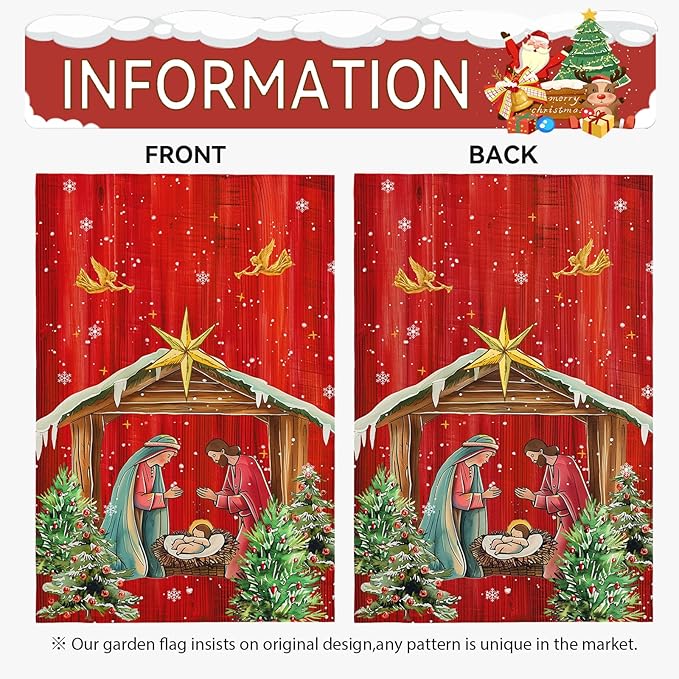 Xmas Poinsettia Garden Flag Holy Night Nativity Double Side Yard Flags Religious Christma Jesus Nativity Scene Decor House Banner for Winter Happy Holiday Outdoor Yard Decor 12 x 18 Inch