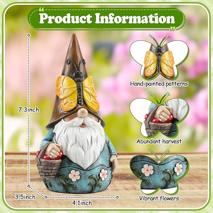 Outdoor Garden Gnome Statue, Butterfly Gnomes Decor Spring Butterfly Figurine, 7.3" Garden Gnomes Sculptures & Statues Outside Yard Lawn Patio Home Decoration, Nomes Gift