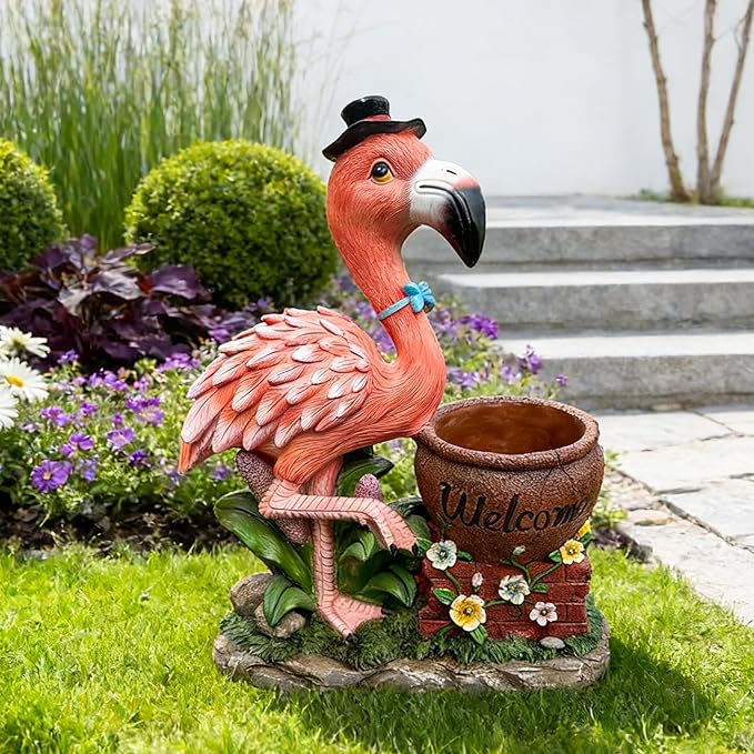 Flamingo Garden Statue Planter with Welcome Sign & Solar LED Light, Waterproof Outdoor Resin Yard Decor, Front Porch Ornament Housewarming Gift(Left Pink Flamingo)