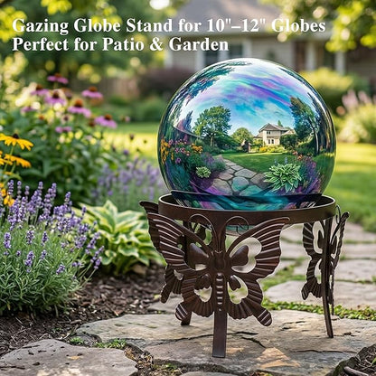 Wrought Iron Gazing Ball Stand for 10 or 12 Inch Gazing Balls – Low-Profile Garden Orb Holder, Outdoor Decorative Display for Yard, Patio, and Lawn Decor，Butterfly
