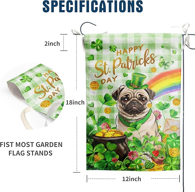 Pug St Patricks Day Garden Flag Dog St Patrick's Day Yard Flags for Outside 12x18 Double Sided Buffalo Plaid Shamrock Flag Small Outdoor Rainbow St Patrick's Decor
