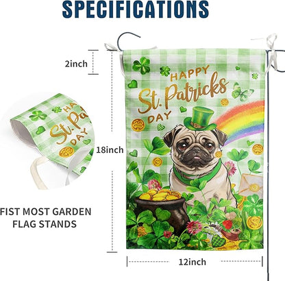 Pug St Patricks Day Garden Flag Dog St Patrick's Day Yard Flags for Outside 12x18 Double Sided Buffalo Plaid Shamrock Flag Small Outdoor Rainbow St Patrick's Decor