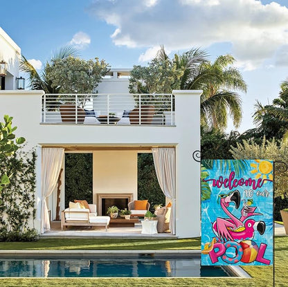Summer POOL Garden Flags for Outdoor, Flamingo Welcome to Our POOL Small Yard Flags for Outside, Swimming Pool Decoration for Party Holiday 12x18 Inch Double Sided