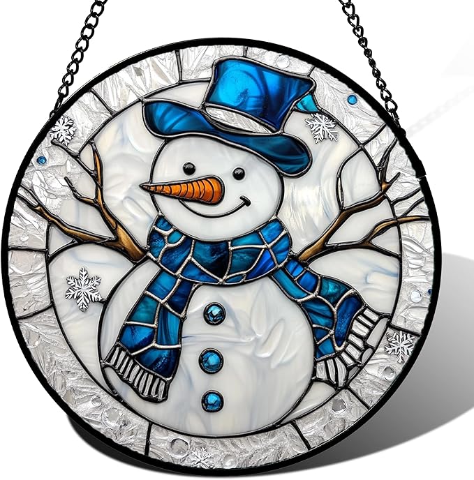DASTOLL Stained Glass Window Hanging Christmas Snowman Blue White Large 15" - Suncatcher Door Garden Sun Catcher Home Decor Birthday Mother's Day Xmas Gift for Mom Men Woman Her Nana Parents Girl