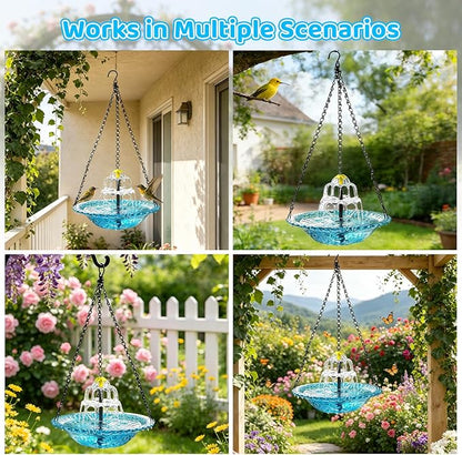 Hanging Solar Bird Bath Fountain, 3 Layers Outdoor Cascading Bird Bath with Solar Pump, 3 Nozzles & Blue Glass Bowl, Attracts Wild Birds for Garden, Backyard, Pergola