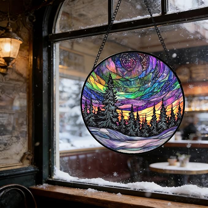DASTOLL Stained Glass Window Hanging, Van Gogh Night Scene Sun Catchers Colorful Glass Panel Starry Sky Suncatcher Decor for Birthday for Women, Men, Wife, Aunt, and Mom 7.8 in