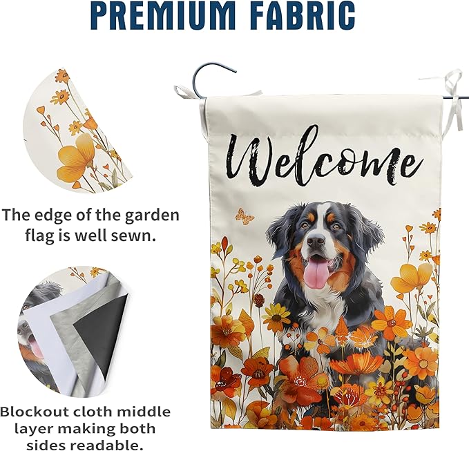 Bernese Mountain Fall Garden Flag Autumn Dog Yard Sign Orange Floral Thanksgiving Outdoor Banners for Outside 12x18 Double Sided Small Wild Flower Lawn Decorations