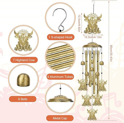 Highland Cow Wind Chimes for Outside Memorial Sympathy Gift for Women Men Outdoor Metal Windchime with Baby Cows for Garden Patio Porch Decor Christmas Birthday Festival Housewarming Gift