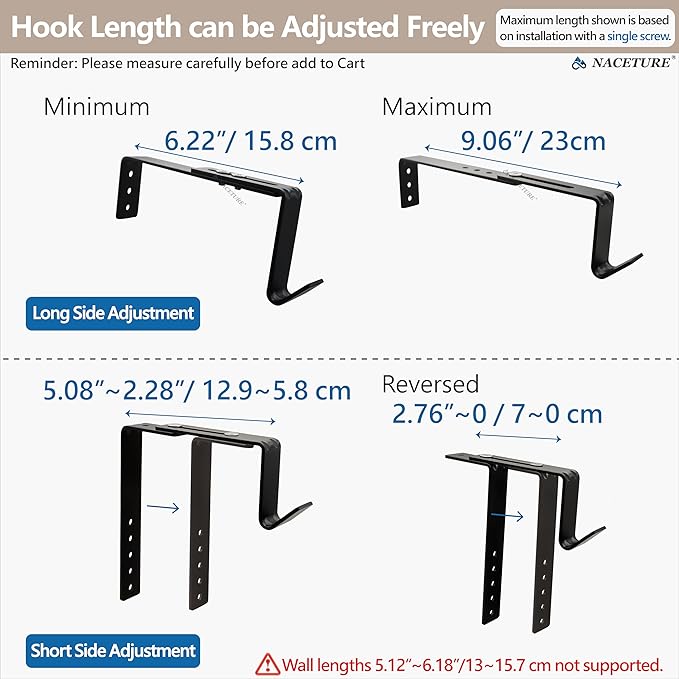 Adjustable Heavy-Duty Single Hook Bracket – Reinforced Plant Hanger for Railing, Balcony, Fence, or Cubicle – Supports Up to 40 Lbs – Metal Wall Hook for Planter, Lantern, Bag (Black 4 Pack)