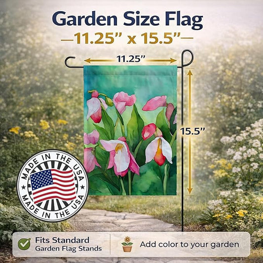 Caroline's Treasures Minnesota Pink and White Lady�s Slippers in Watercolor Garden Flag Mailbox Flag Decorative Yard Flag Banner Outside Patio Artwork Yard Flower Beds, Garden Size, Multicolor