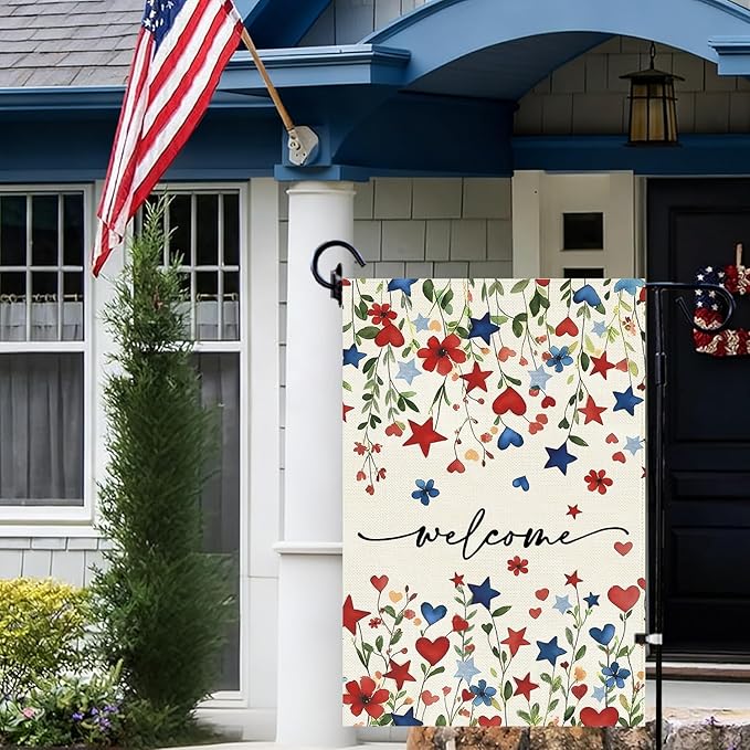 Baccessor Patriotic 4th of July Garden Flag 12.5 x 18 Inch Double Sided Burlap,Memorial Day Welcome American Red and Blue Flower Flag Summer Yard Lawn Holiday Seasonal Outdoor Outside Decoration