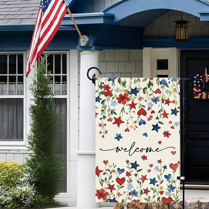 Baccessor Patriotic 4th of July Garden Flag 12.5 x 18 Inch Double Sided Burlap,Memorial Day Welcome American Red and Blue Flower Flag Summer Yard Lawn Holiday Seasonal Outdoor Outside Decoration