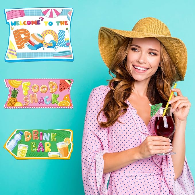 Jetec 20 Pieces Pool Party Sign Splash Party Decorations Hawaiian Luau Yard Signs Tropical Summer Birthday Supplies Photo Props Backdrop Decoration Splish Splash Birthday Cutouts Beach Decor