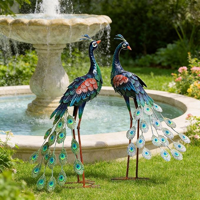 chisheen Garden Decor Outdoor Statues, Metal Peacock Decor for Outside, Garden Art Sculptures Standing for Patio Yard Lawn Home Decorations, Set of 2