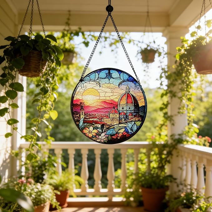 7.88'' Stained Glass Window Hanging, Church Sunset Suncatcher Stained Glass Panel with Hook Chain for Window, Religious Sun Catchers Decor Mother's Day Birthday for Women, Men, Wife, Aunt, and Mom