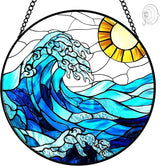 Sea Waves Sun Catchers Indoor Window - Ocean Suncatcher Stained Glass Window Hanging - 8″ Handmade Suncatchers for Windows Hanging - Home & Garden Decor Birthday Gifts for Women Men Mom Beach Lovers